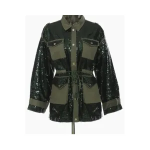 Pre Order:  Spliced Sequins Drawstring Waist Loose Jacket