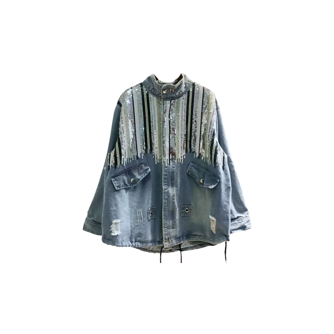 Pre Order:  Striped Sequins Long Sleeve Loose Denim Jacket