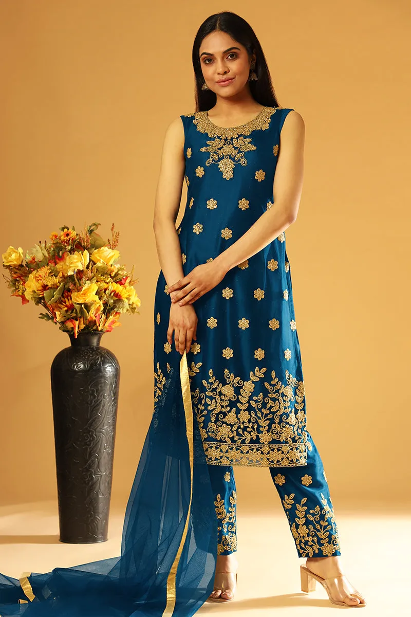 Pretty Blue Festive Wear Straight Cut Pant Style Suit