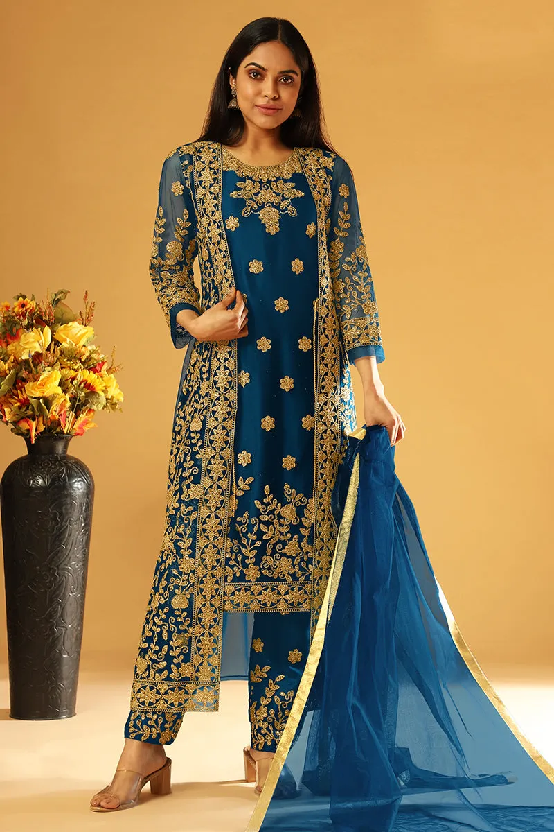 Pretty Blue Festive Wear Straight Cut Pant Style Suit