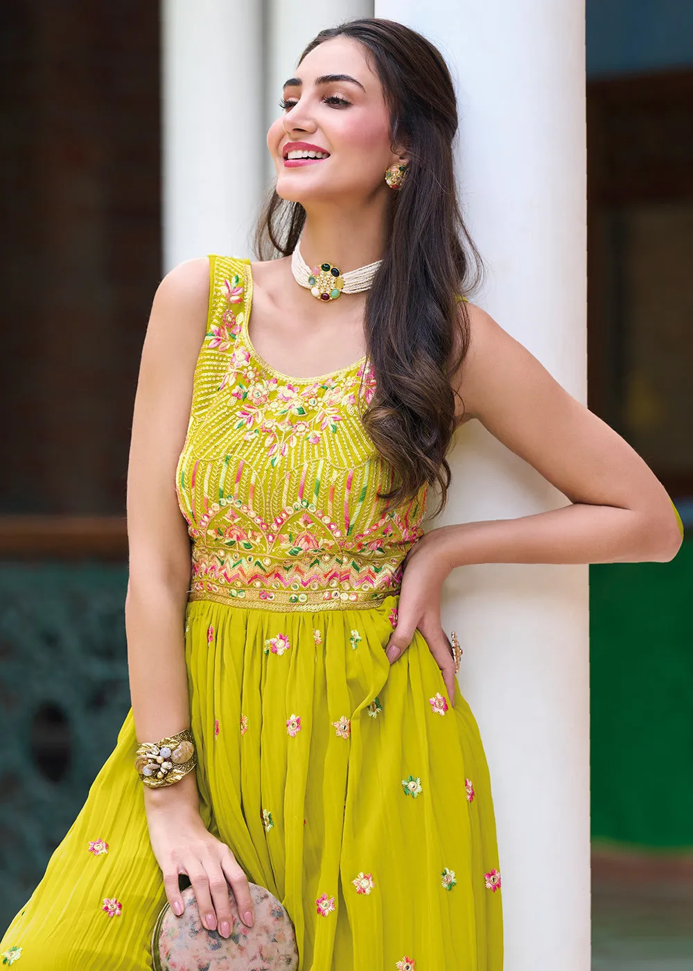 Pretty Mustard Indo-Western Embroidered Georgette Jumpsuit