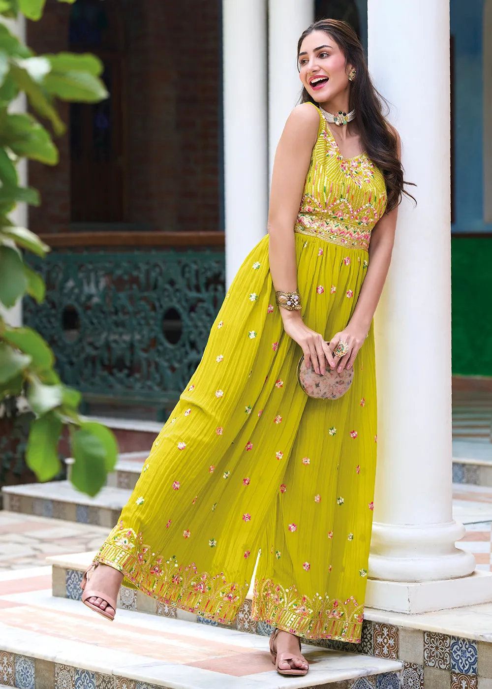 Pretty Mustard Indo-Western Embroidered Georgette Jumpsuit