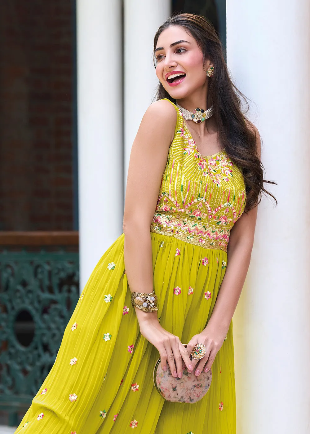 Pretty Mustard Indo-Western Embroidered Georgette Jumpsuit