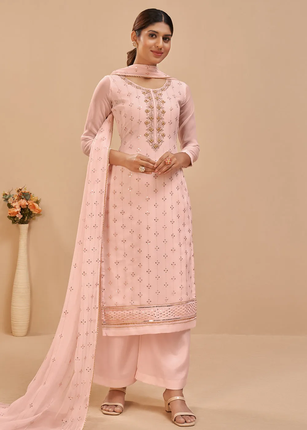 Pretty Peach Beautifully Embroidered Elegant Salwar Kameez