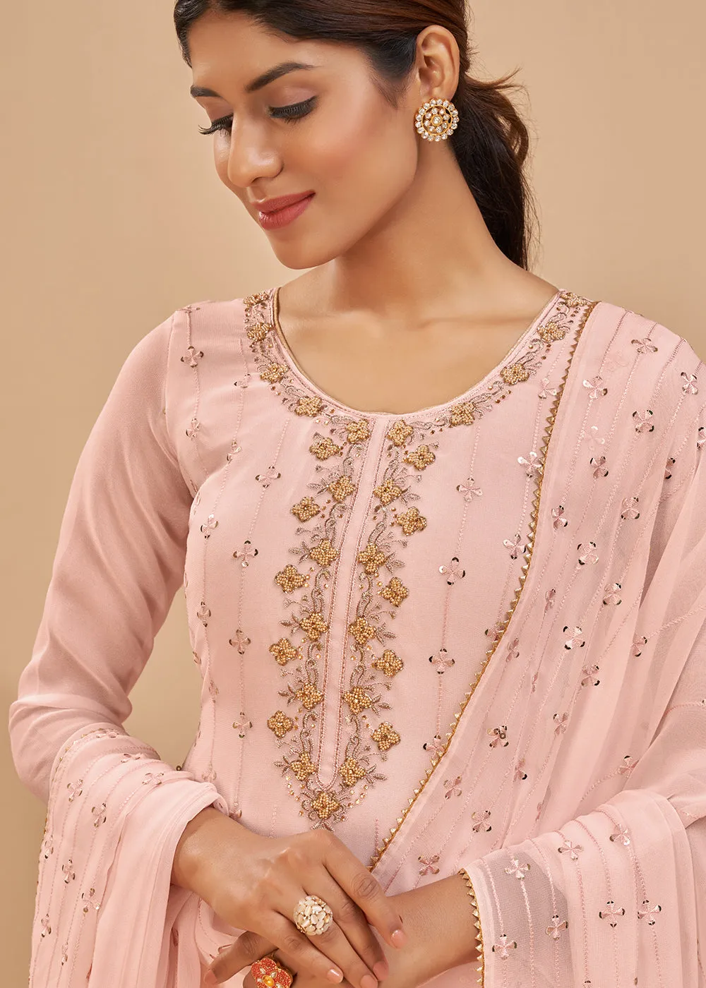 Pretty Peach Beautifully Embroidered Elegant Salwar Kameez