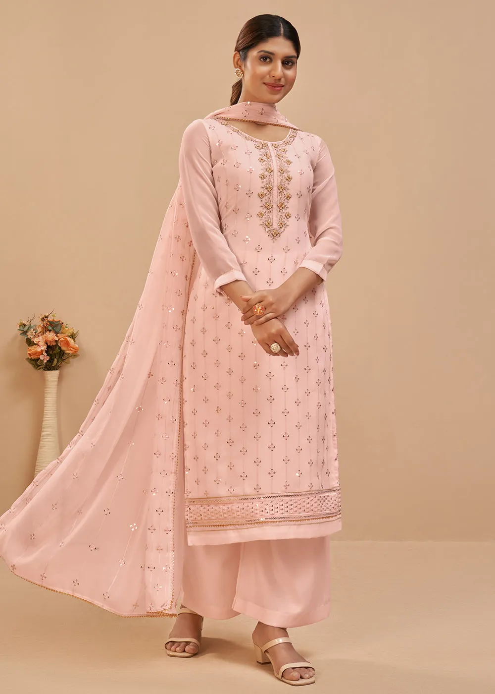 Pretty Peach Beautifully Embroidered Elegant Salwar Kameez