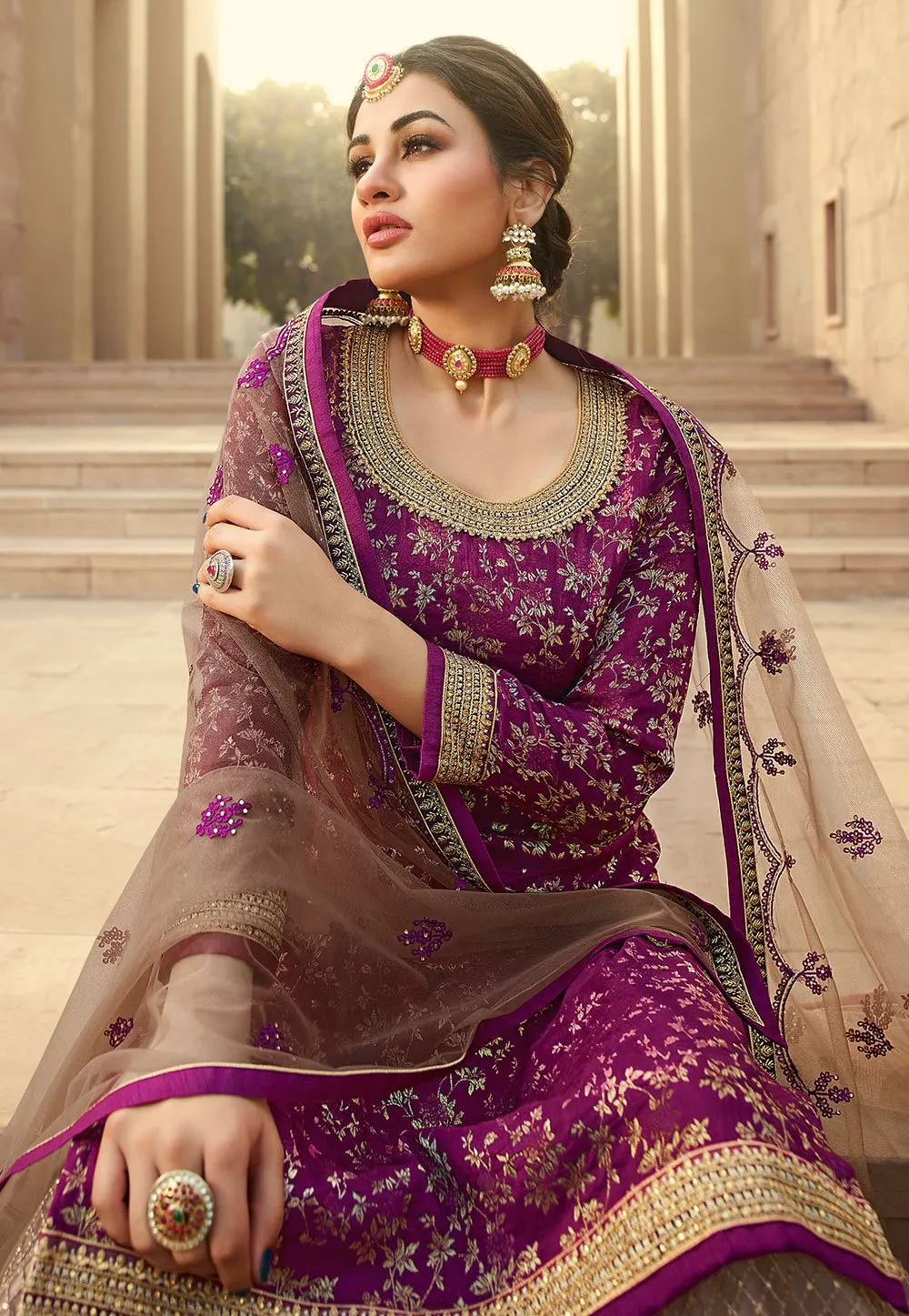 Pristine Wine Jacquard Silk Embroidered Palazzo Suit