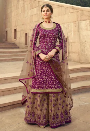 Pristine Wine Jacquard Silk Embroidered Palazzo Suit