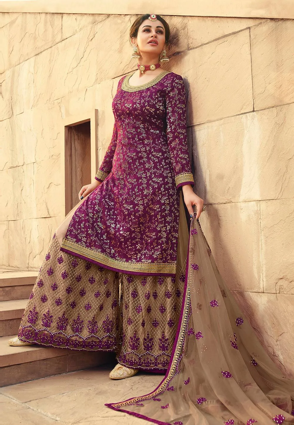 Pristine Wine Jacquard Silk Embroidered Palazzo Suit