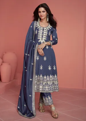 Punjabi Style Silk Embroidered Salwar Suit in Lavender Blue