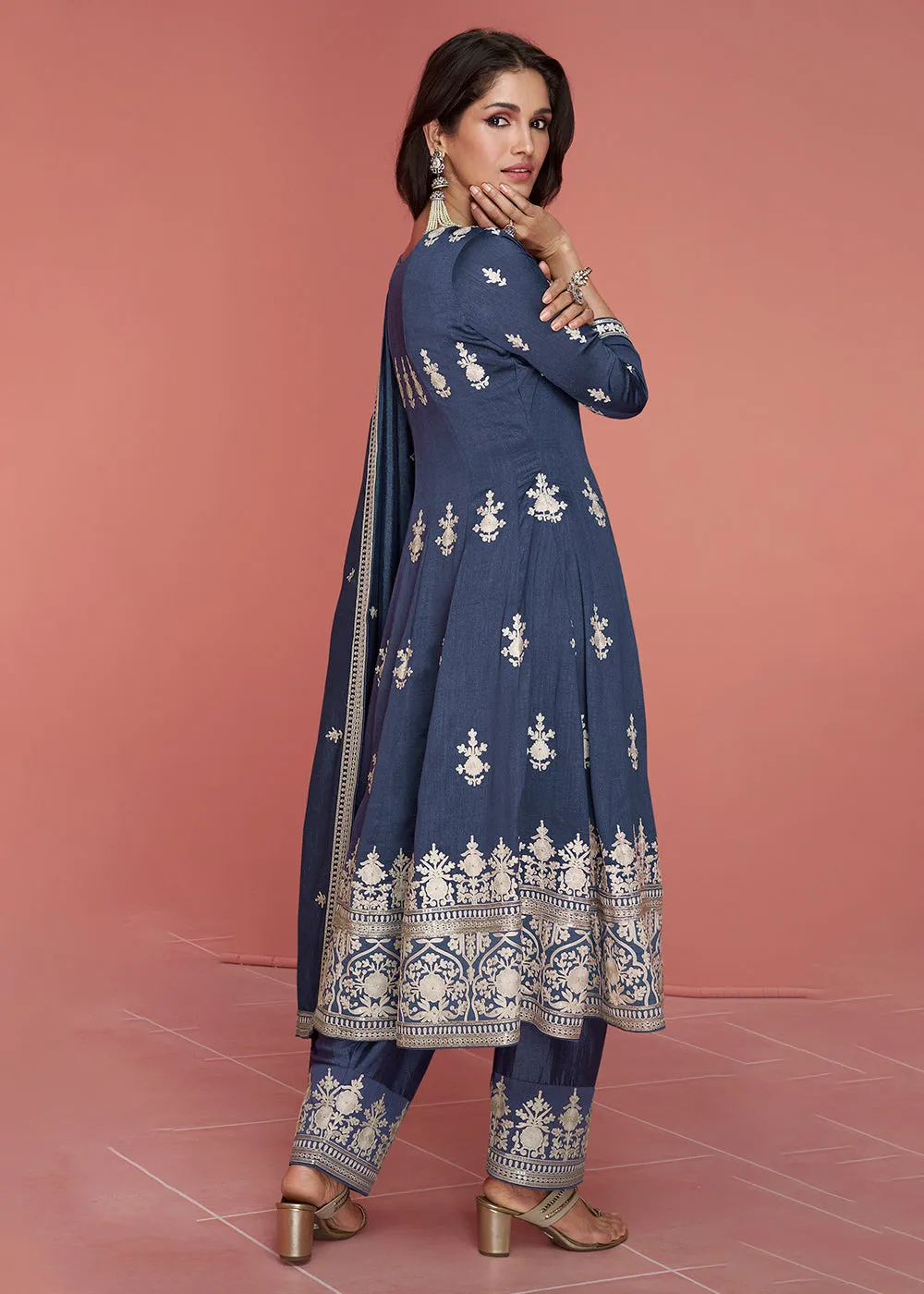 Punjabi Style Silk Embroidered Salwar Suit in Lavender Blue