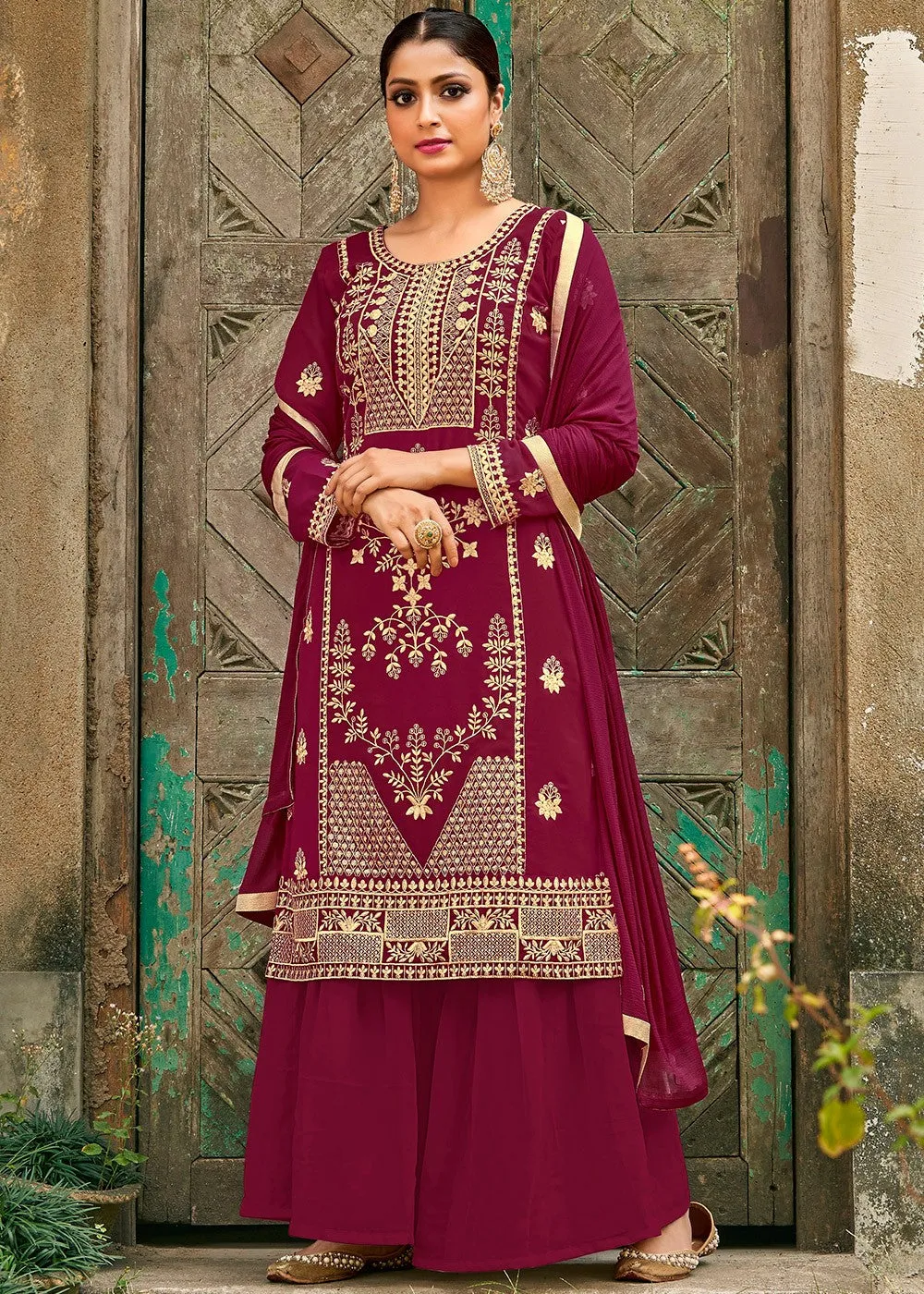 Pure Magenta Designer Georgette Palazzo Suit