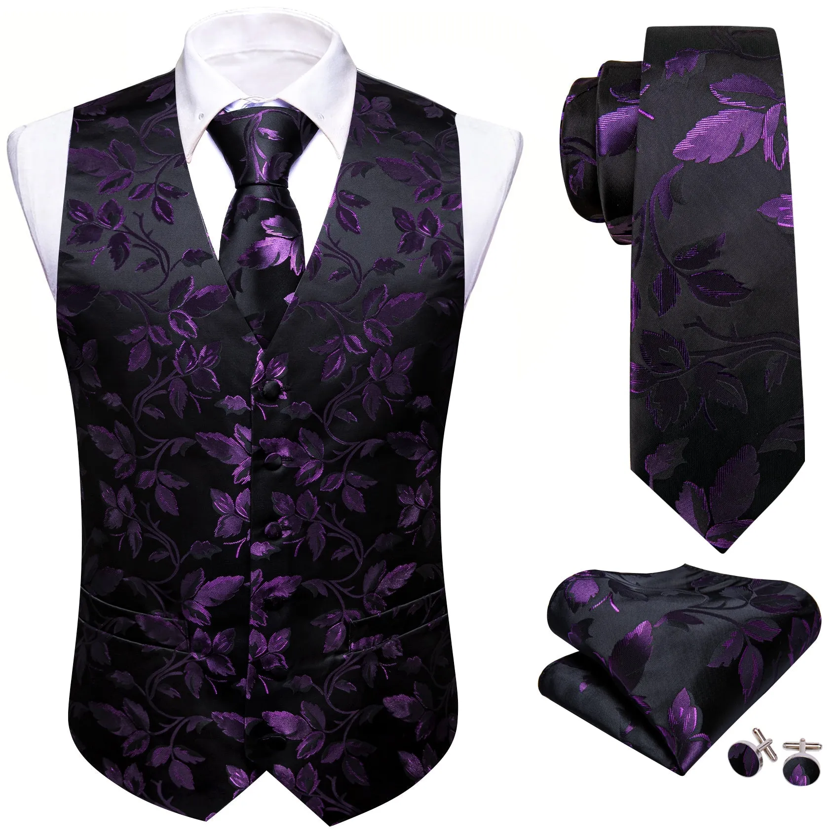 Purple Black Floral Leaf Silk Men's Vest Hanky Cufflinks Tie Set