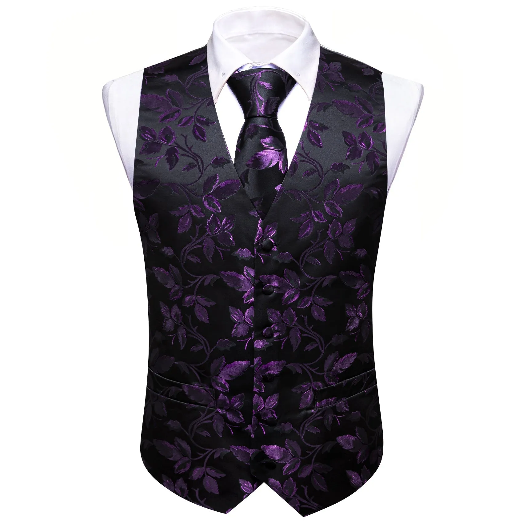 Purple Black Floral Leaf Silk Men's Vest Hanky Cufflinks Tie Set