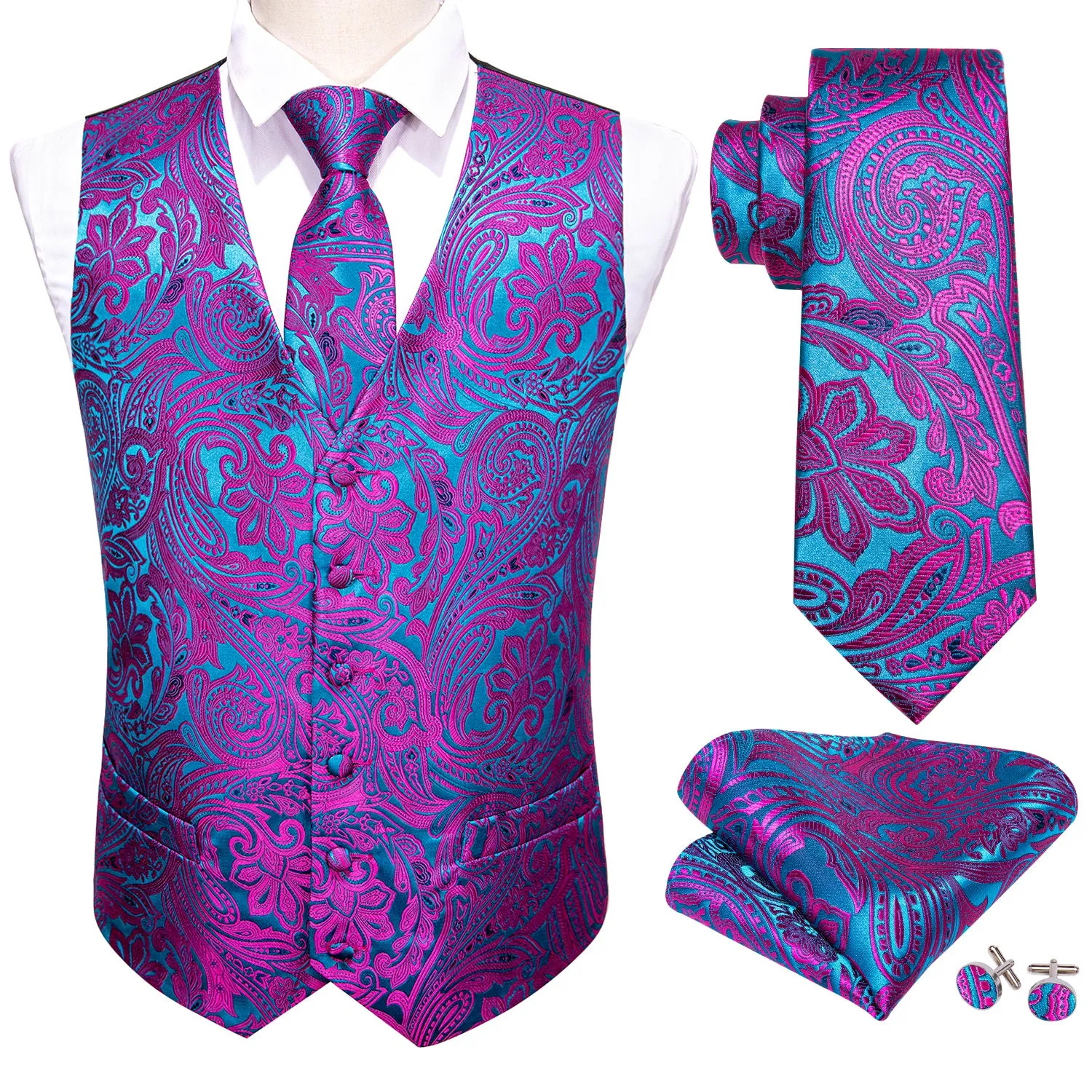 Purple Blue Paisley Jacquard Silk Men's Vest Hanky Cufflinks Tie Set