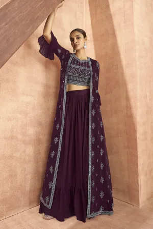 Purple Crop Top 3 Piece Georgette Indo-Western Palazzo Suit