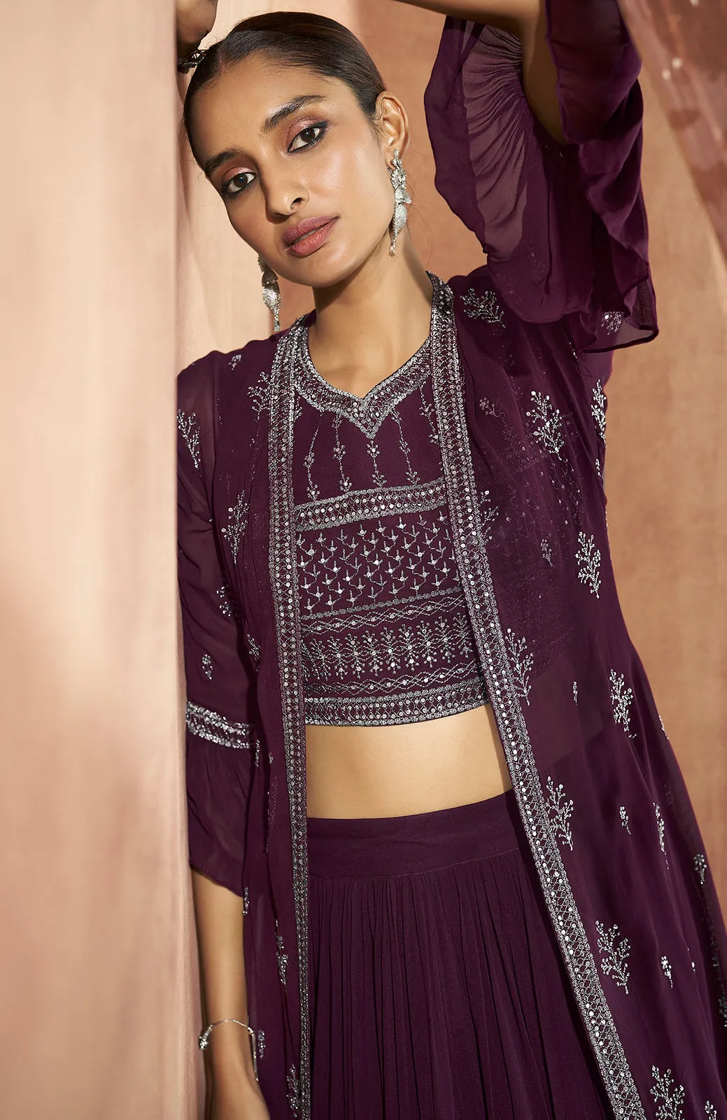 Purple Crop Top 3 Piece Georgette Indo-Western Palazzo Suit