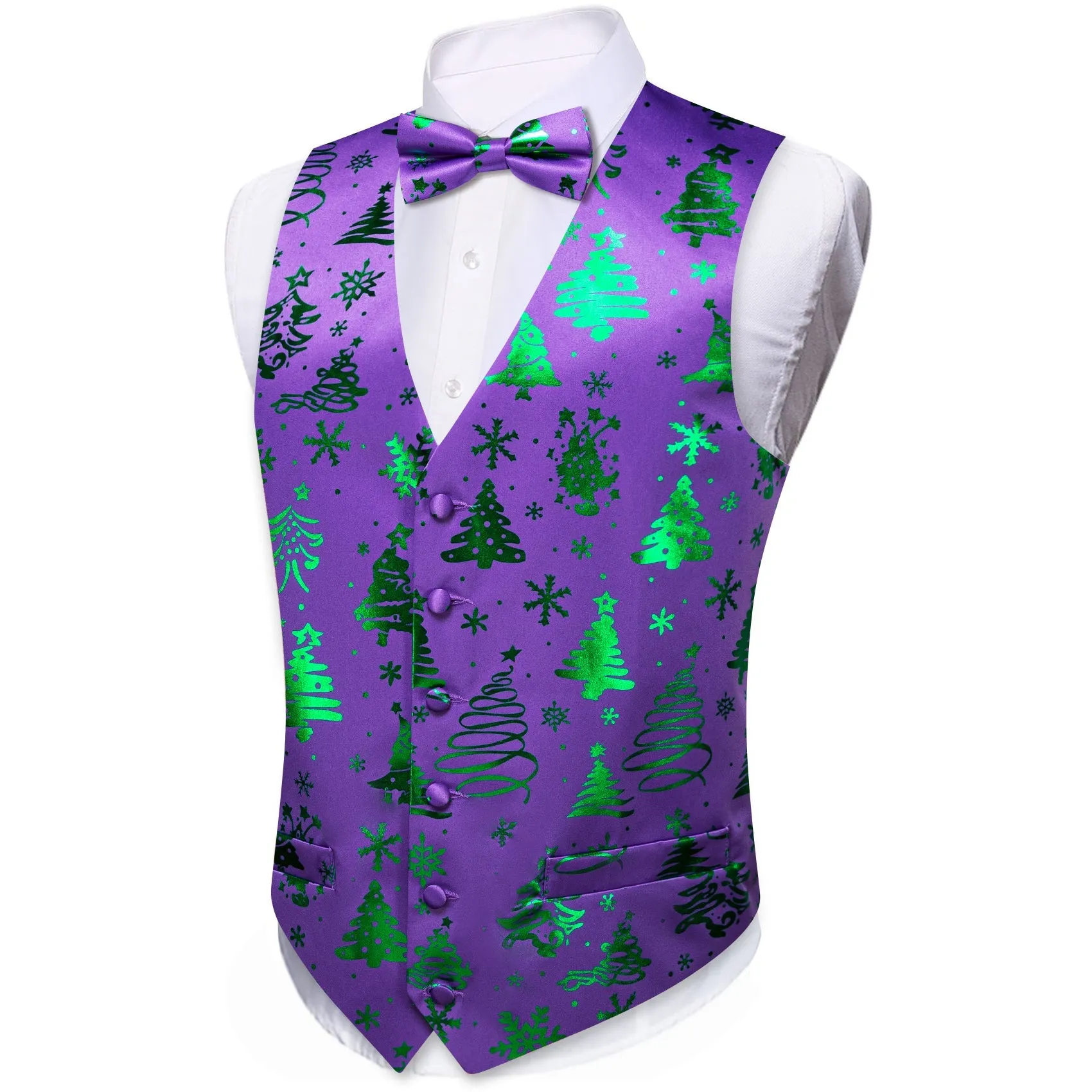 Purple Green Christmas Tree Novelty Silk Men's Vest Bow Tie Set Waistcoat Suit Set