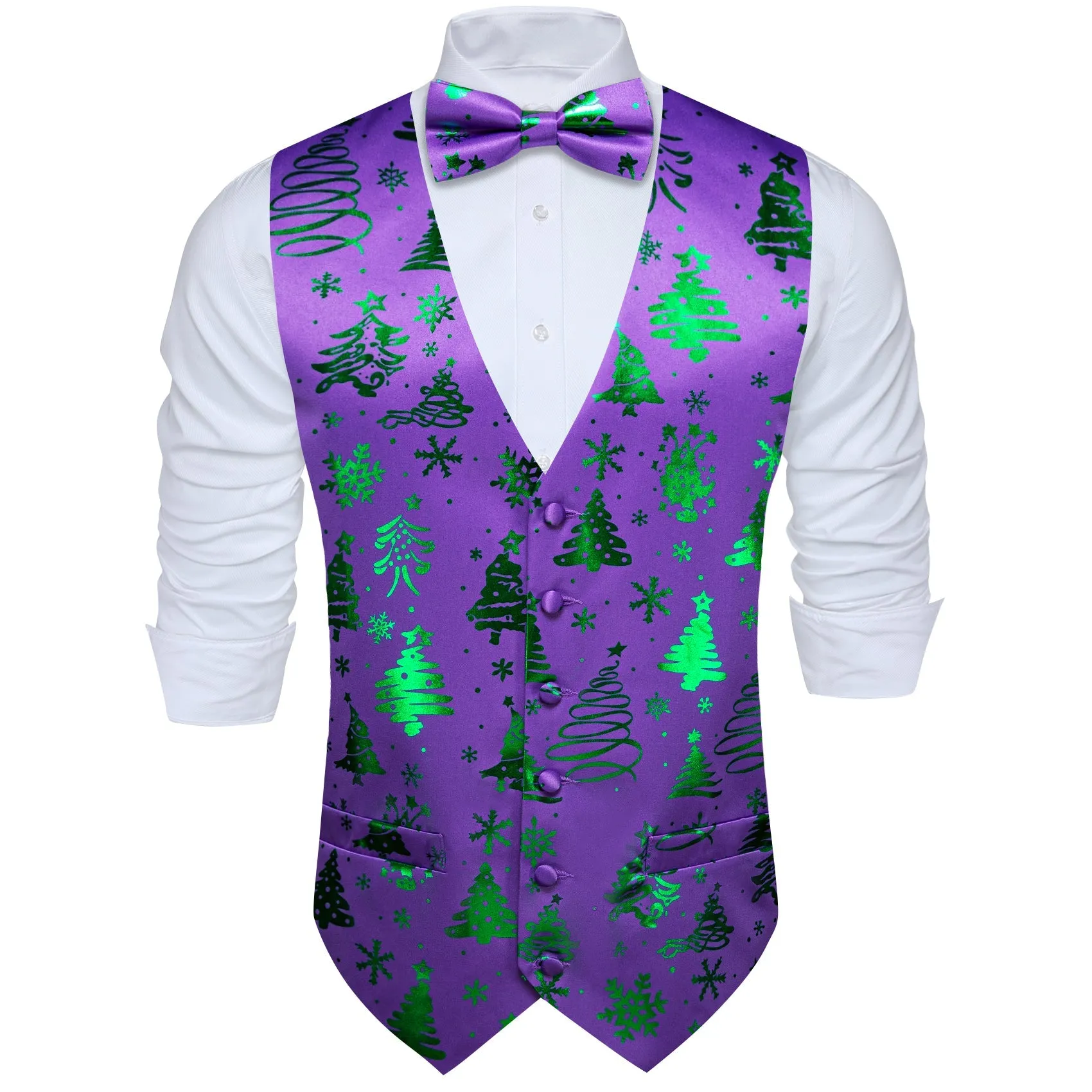 Purple Green Christmas Tree Novelty Silk Men's Vest Bow Tie Set Waistcoat Suit Set