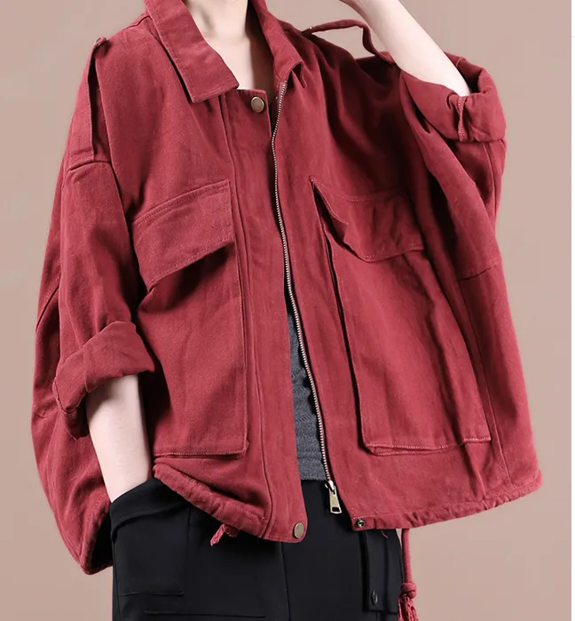 Red A-line Short Women Casual Parka Plus Size Fall Coat Jacket JT200945