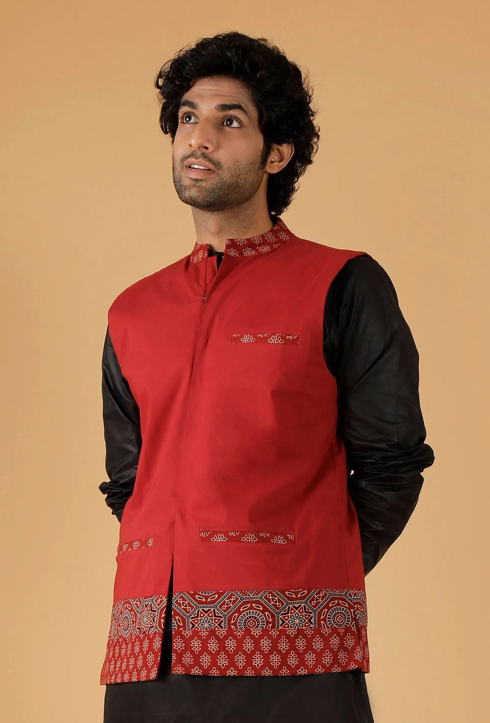 Red Ajrakh Print And Plain Cotton Sleeveless Nehru Jacket With Pockets