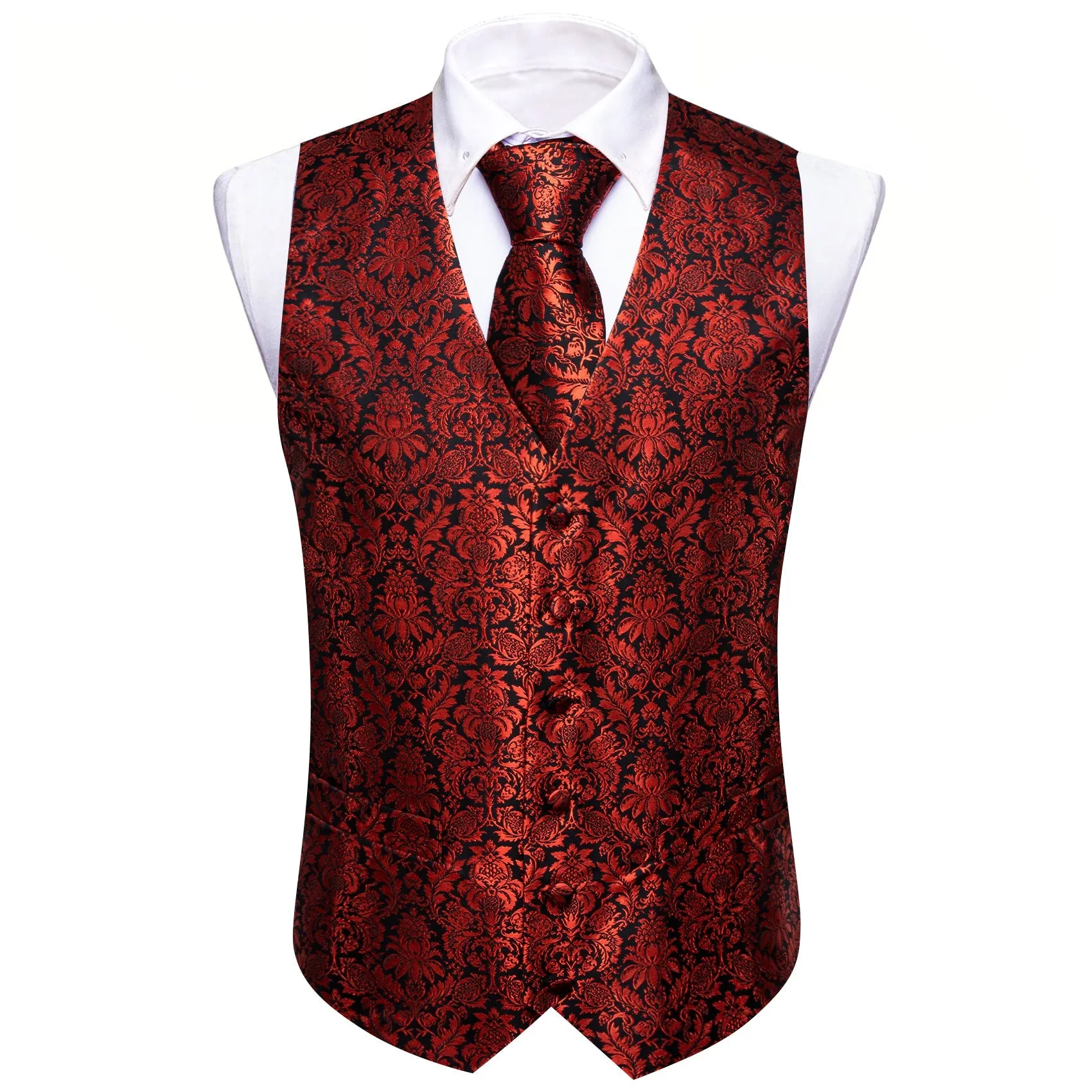 Red Floral Silk Men Vest Hanky Cufflinks Tie Set