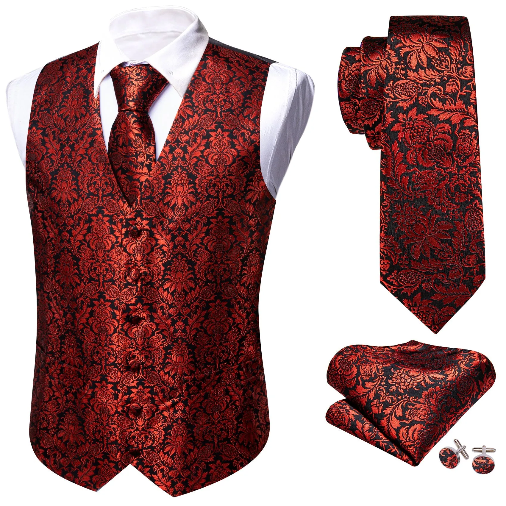 Red Floral Silk Men Vest Hanky Cufflinks Tie Set