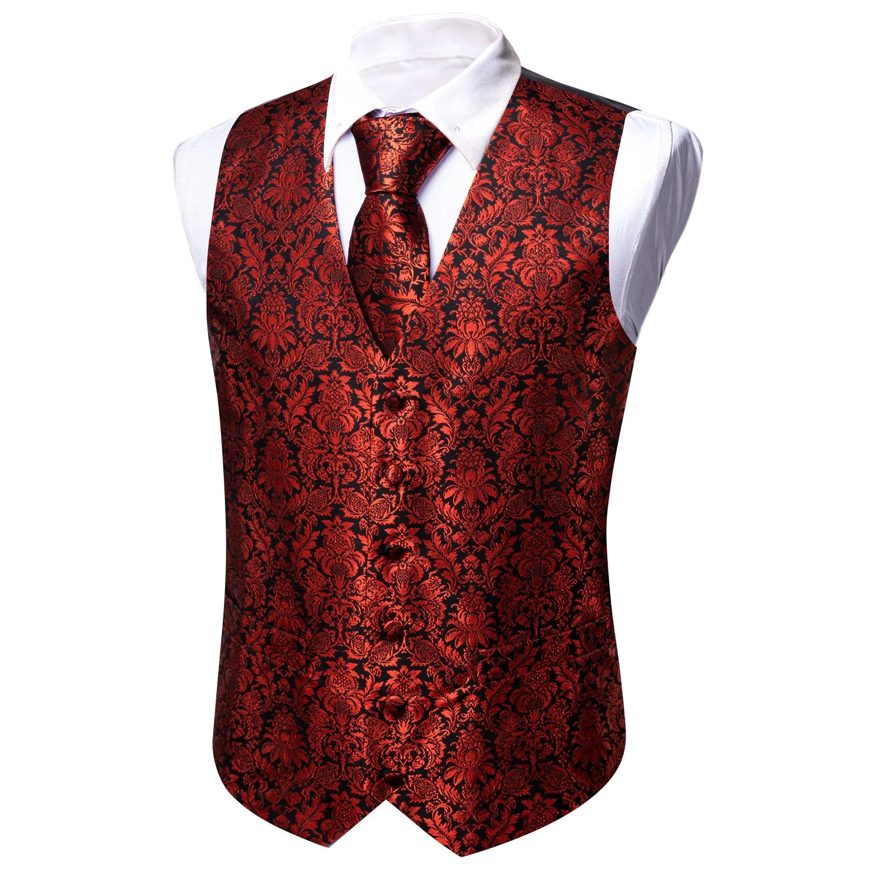 Red Floral Silk Men Vest Hanky Cufflinks Tie Set