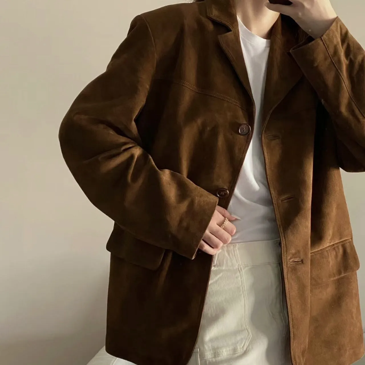 Retro Brown Leather Suit Jacket For Women