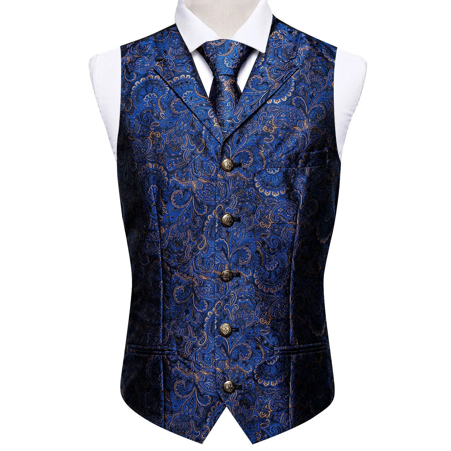 Royal Blue Paisley Metal Button Jacquard Silk Men's Vest Hanky Cufflinks Tie Set