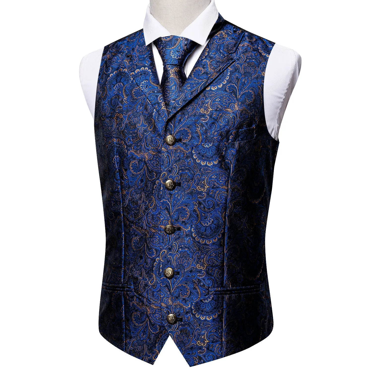 Royal Blue Paisley Metal Button Jacquard Silk Men's Vest Hanky Cufflinks Tie Set