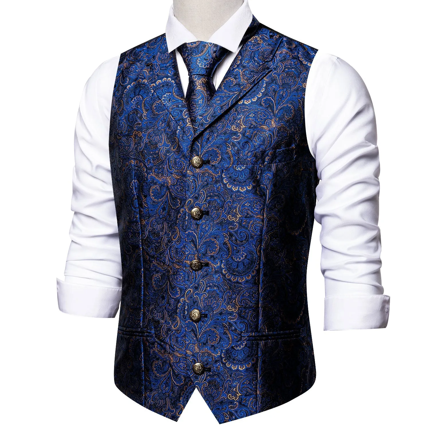 Royal Blue Paisley Metal Button Jacquard Silk Men's Vest Hanky Cufflinks Tie Set