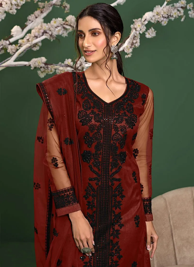 Sangria Red Straight Cut Pakistani Style Pant Suit