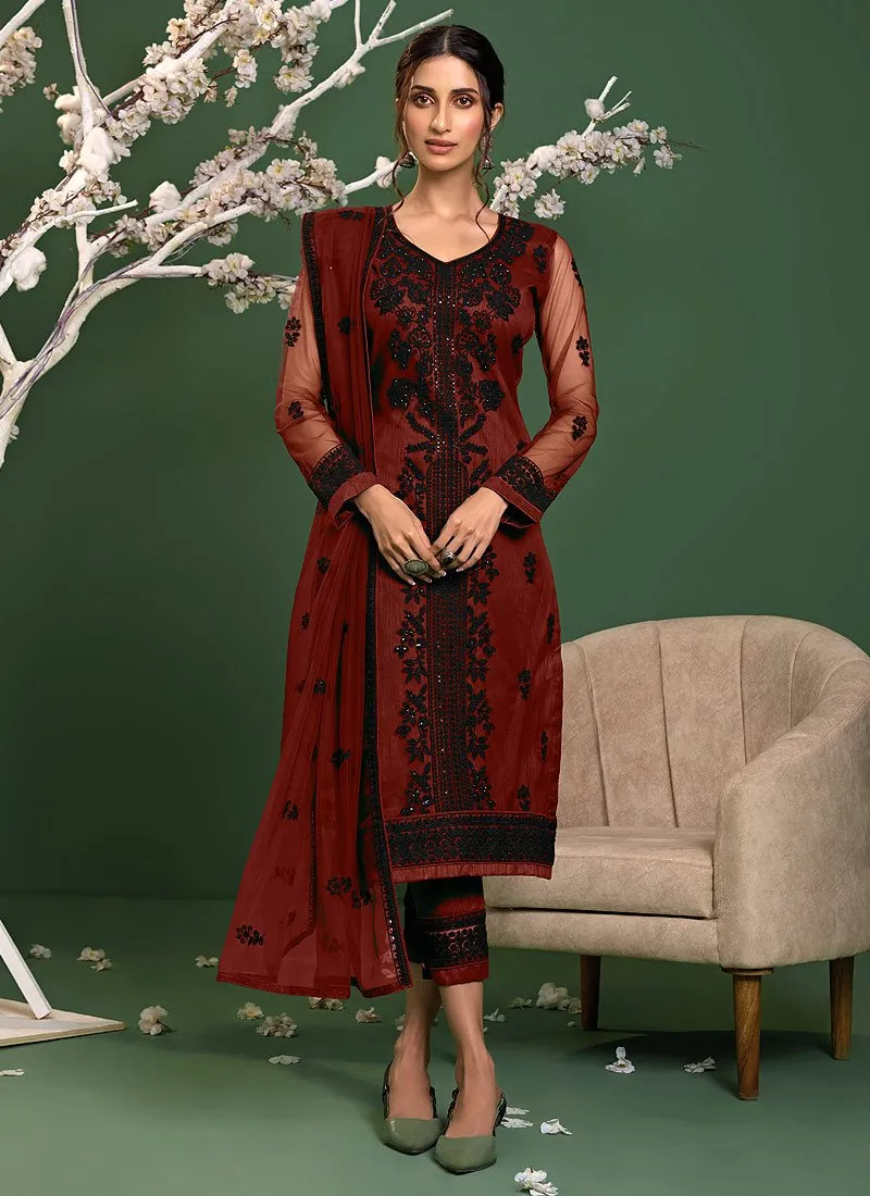 Sangria Red Straight Cut Pakistani Style Pant Suit