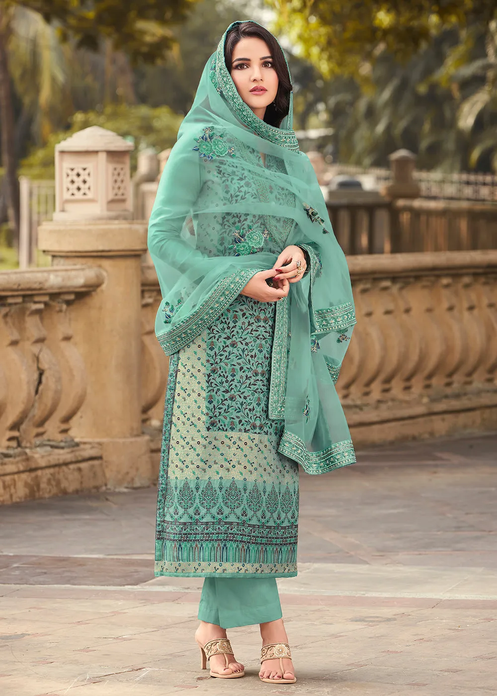 Sea Green Viscose Jacquard Pant Style Salwar Kurta Set