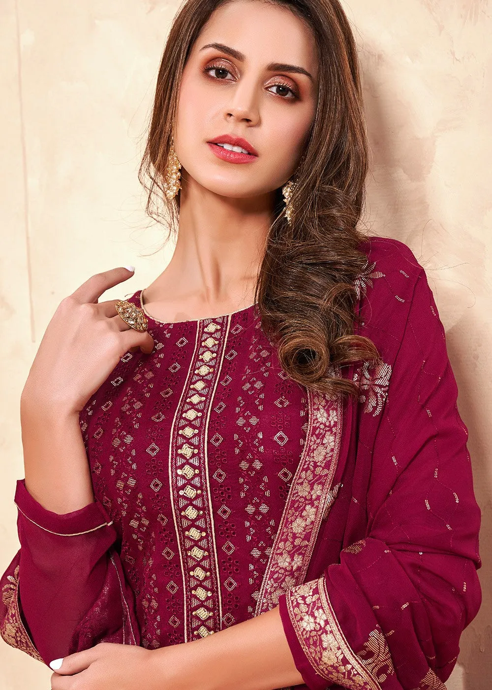 Sequins Embroidered Magenta Pakistani Style Suit