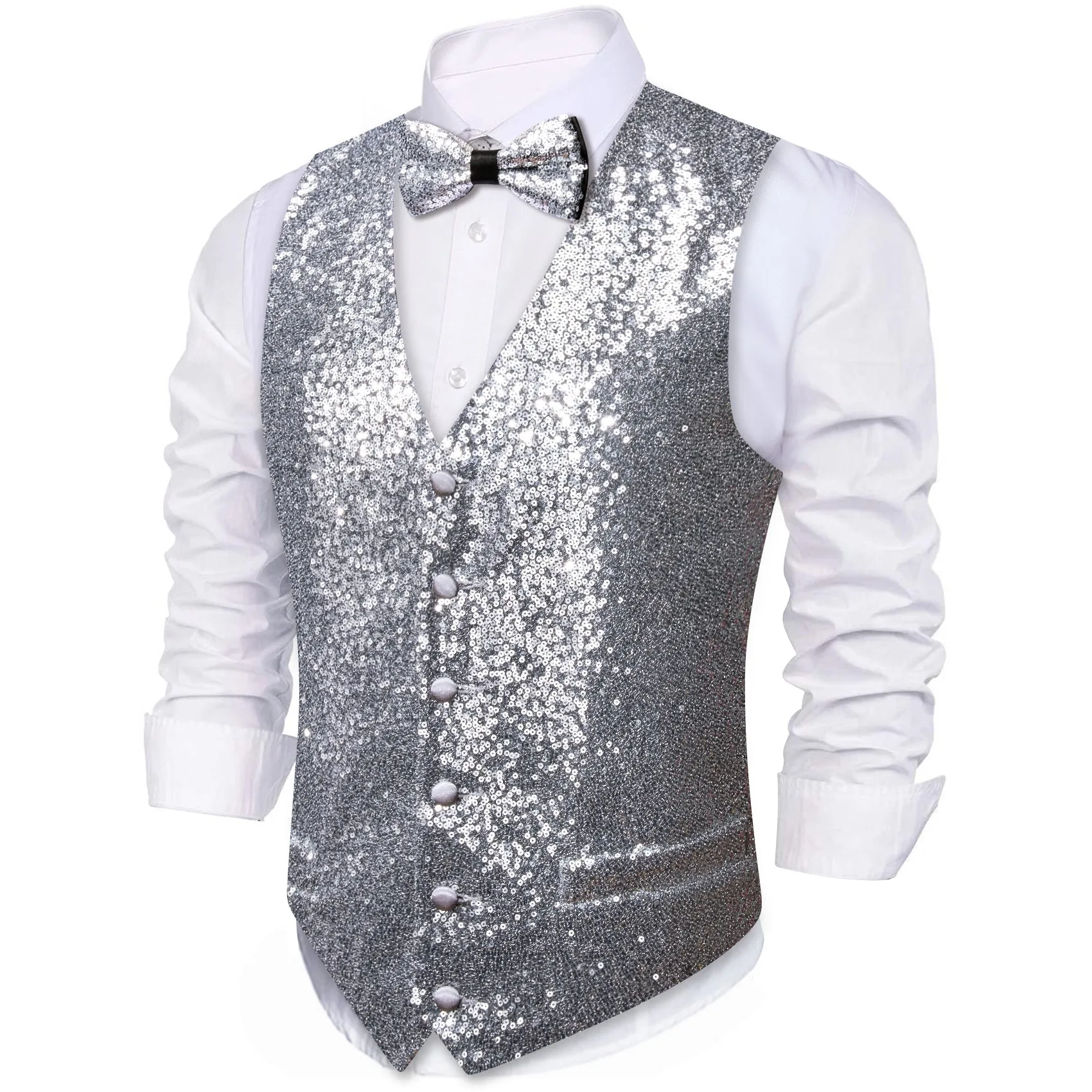 Sequins Sliver Grey Solid Silk Men's Vest Bow Tie Set Waistcoat Suit Set