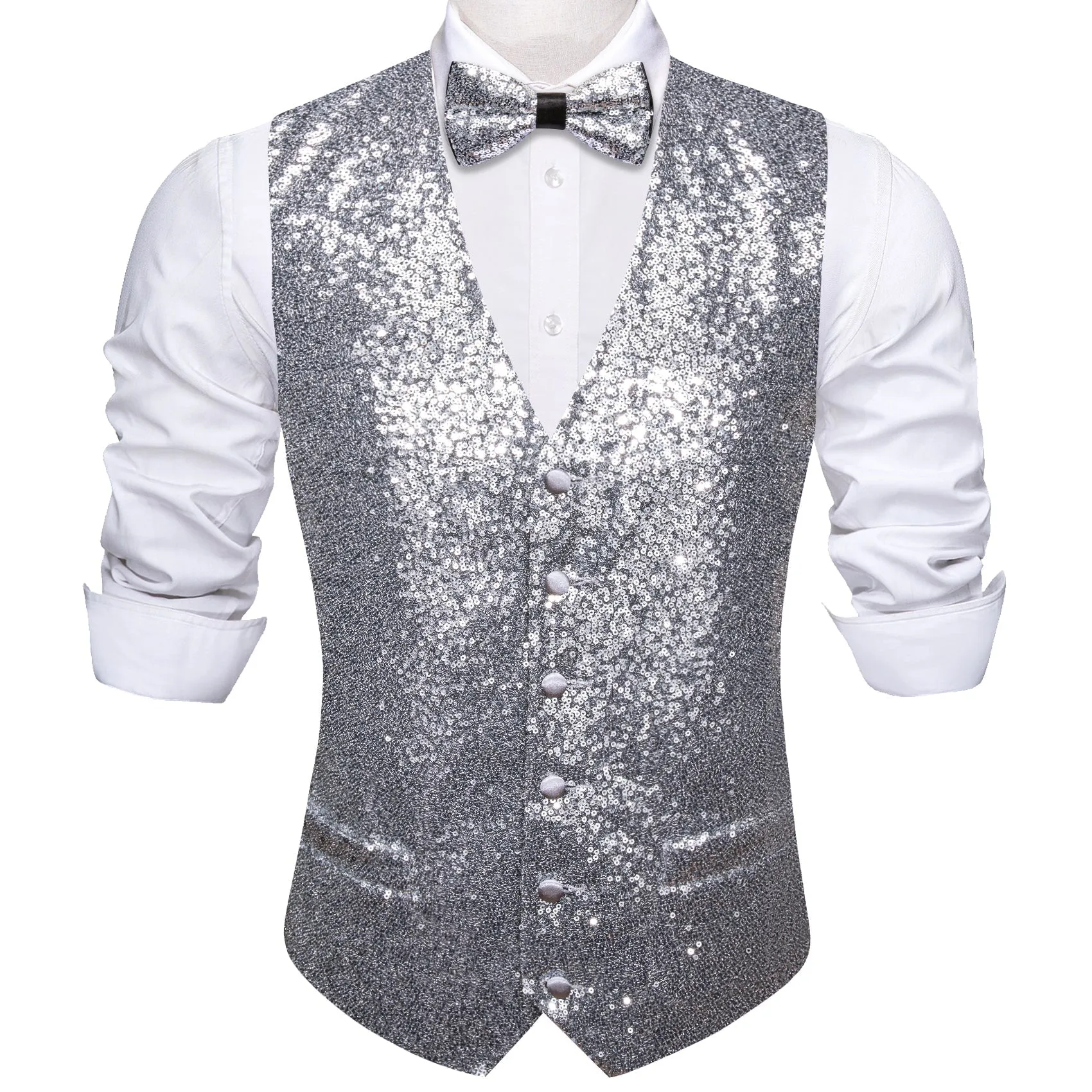 Sequins Sliver Grey Solid Silk Men's Vest Bow Tie Set Waistcoat Suit Set