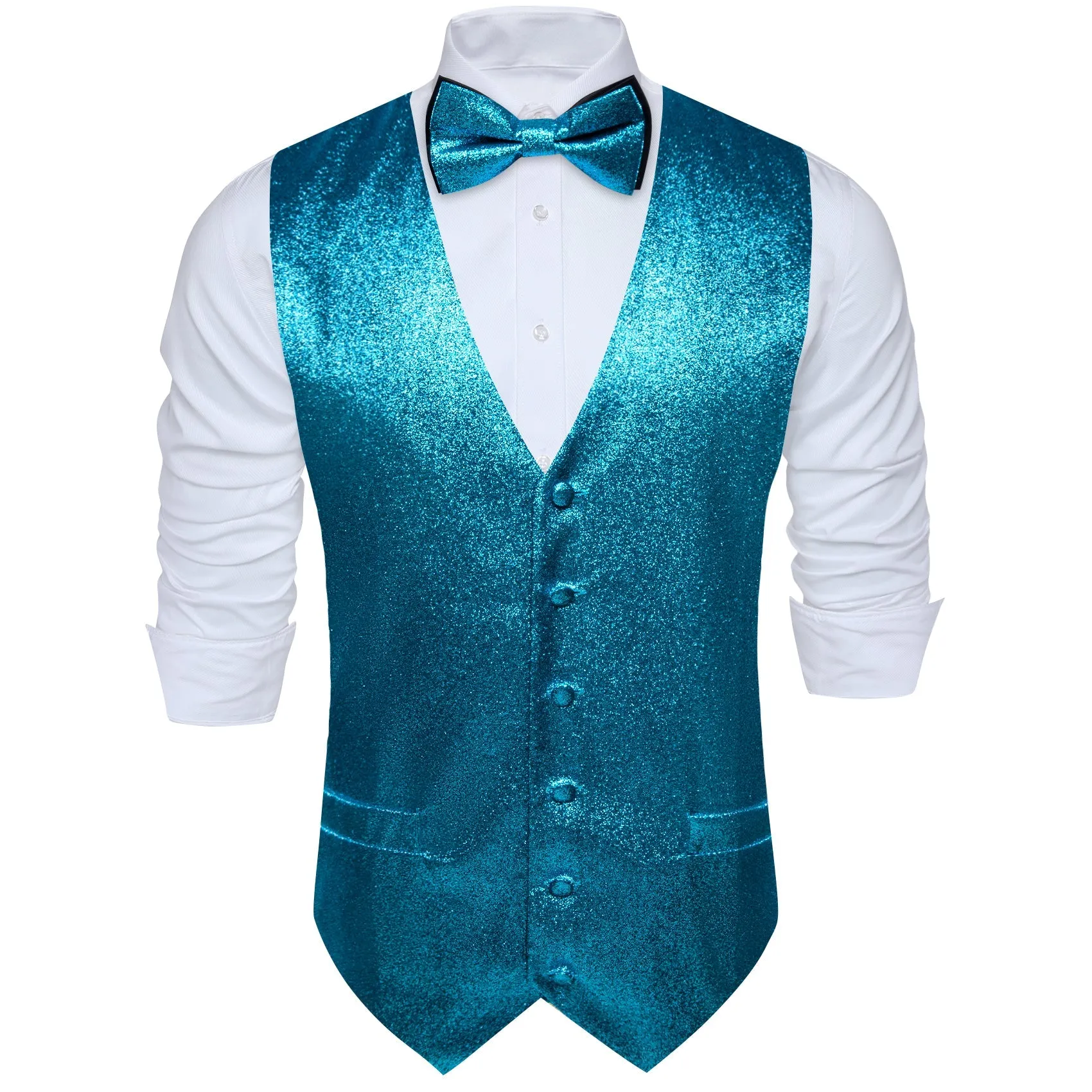 Shining Blue Solid Silk Men's Vest Bow Tie Set Waistcoat Suit Set