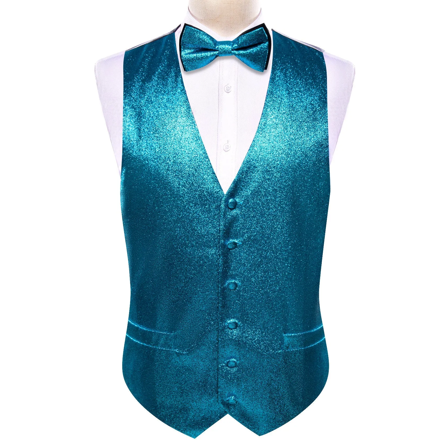 Shining Blue Solid Silk Men's Vest Bow Tie Set Waistcoat Suit Set