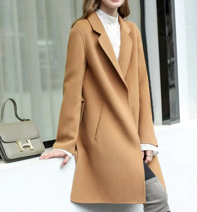 Side Slit Women Winter Wool Coat  Double Face Women Wool Coat Jacket With Waist Belt53002