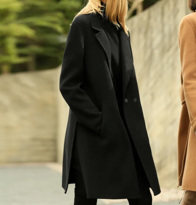 Side Slit Women Winter Wool Coat  Double Face Women Wool Coat Jacket With Waist Belt53002