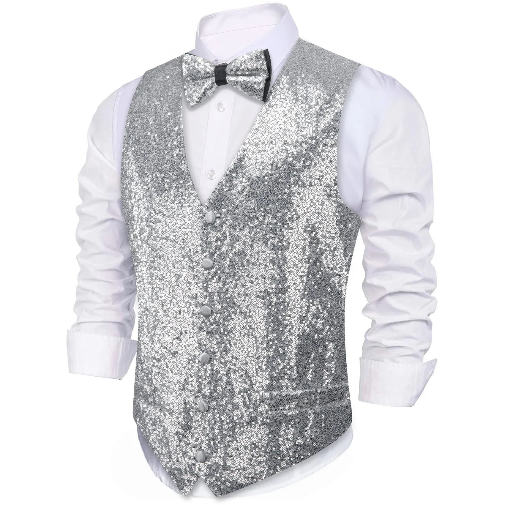 Silver Sequins Silk Men's Vest Hanky Cufflinks Bow Tie Set