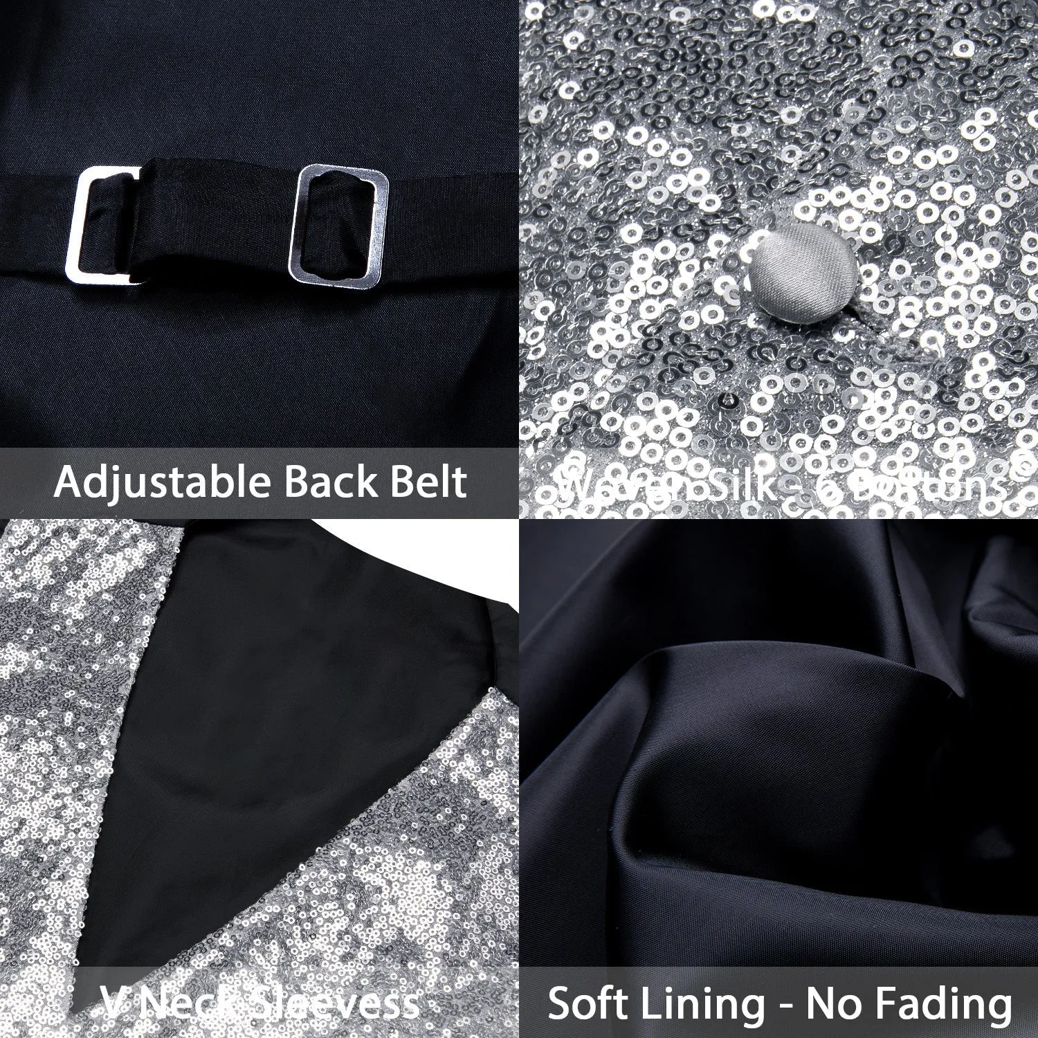 Silver Sequins Silk Men's Vest Hanky Cufflinks Bow Tie Set