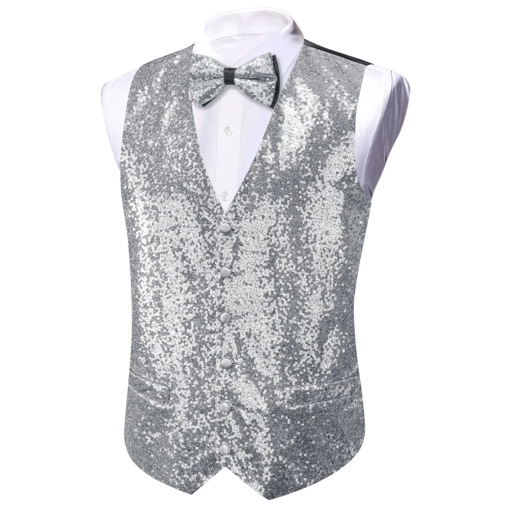 Silver Sequins Silk Men's Vest Hanky Cufflinks Bow Tie Set