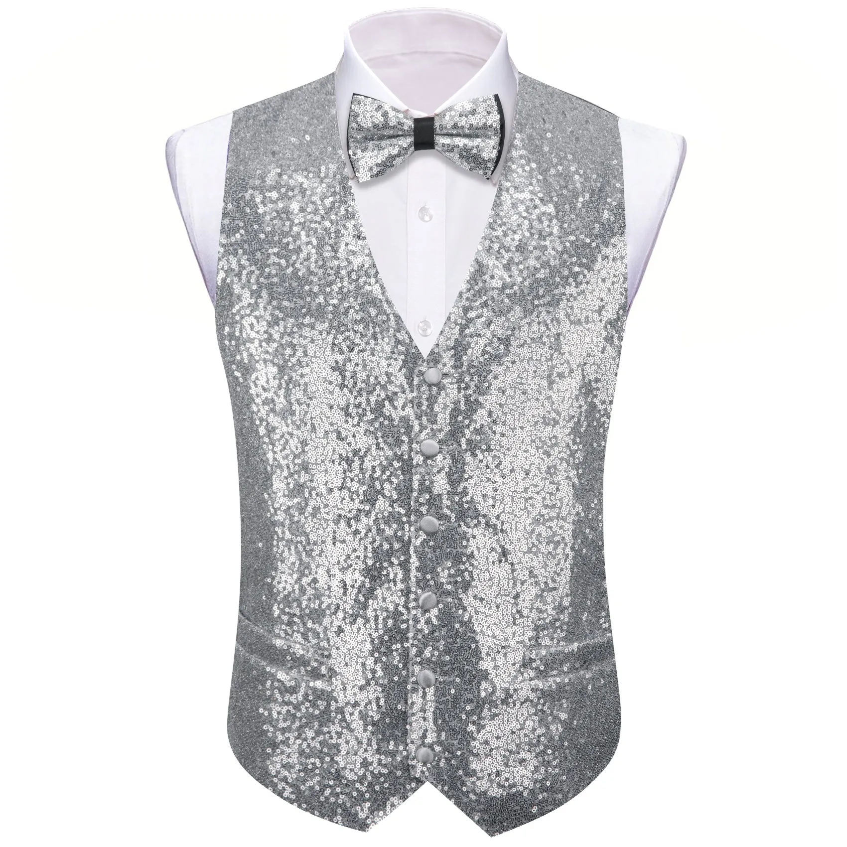 Silver Sequins Silk Men's Vest Hanky Cufflinks Bow Tie Set