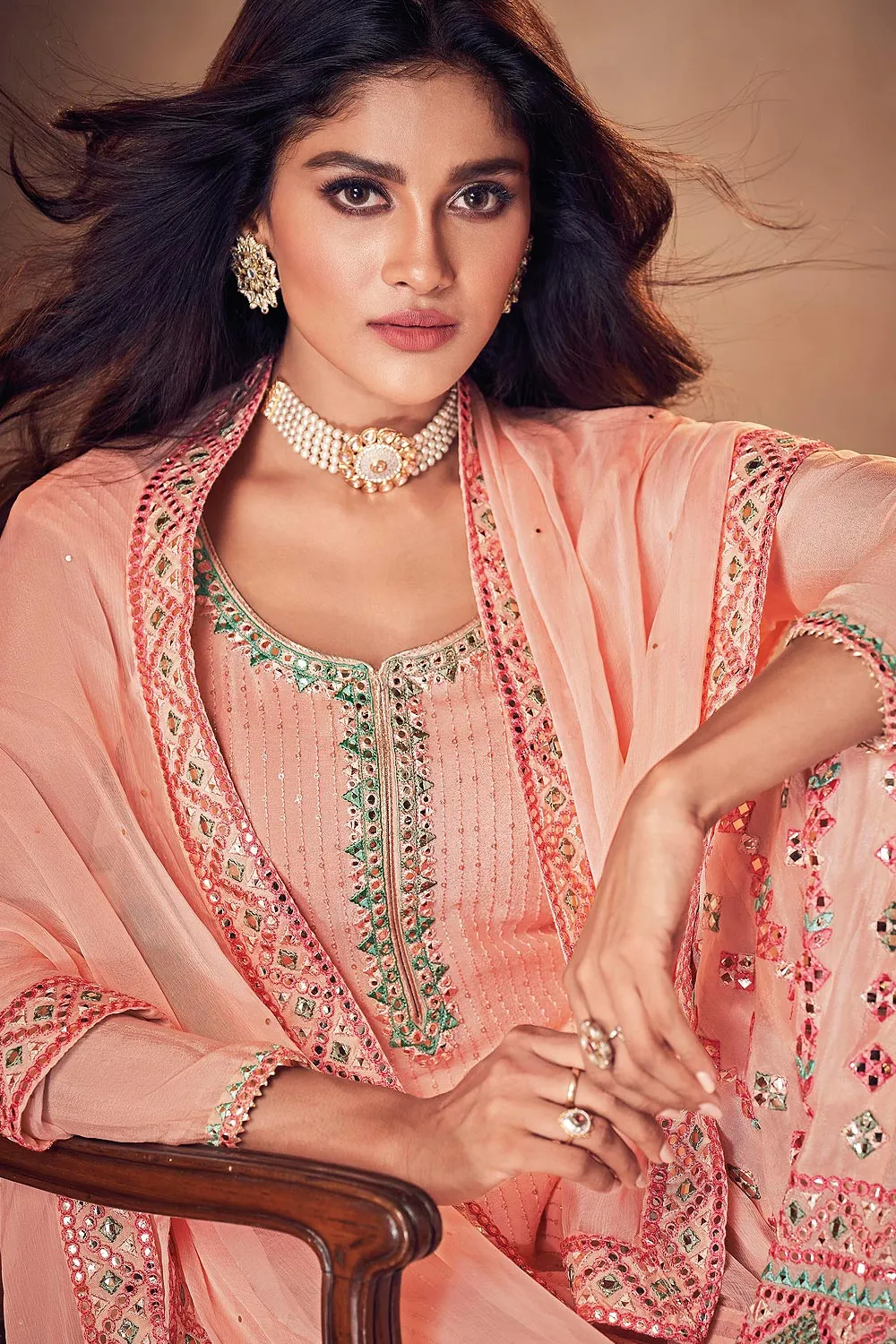 Staggering Peach Sharara Style Designer Suit