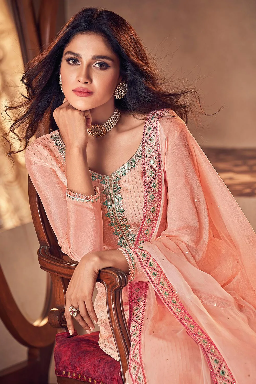 Staggering Peach Sharara Style Designer Suit