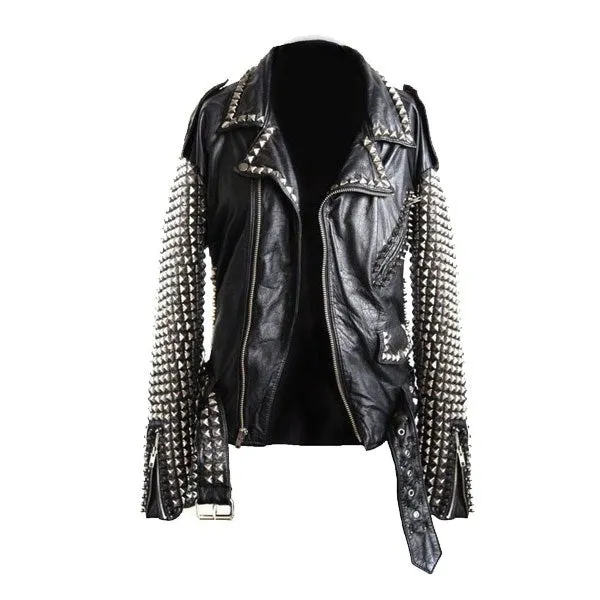 Studded Biker Jacket with Printed Leather for Men