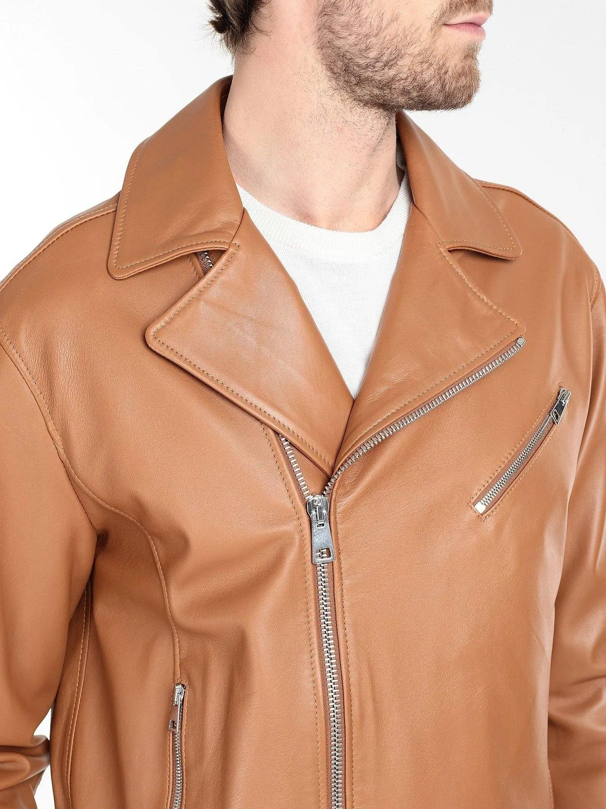 Tan Brown Biker Leather Jacket for Men with Lapel Collar